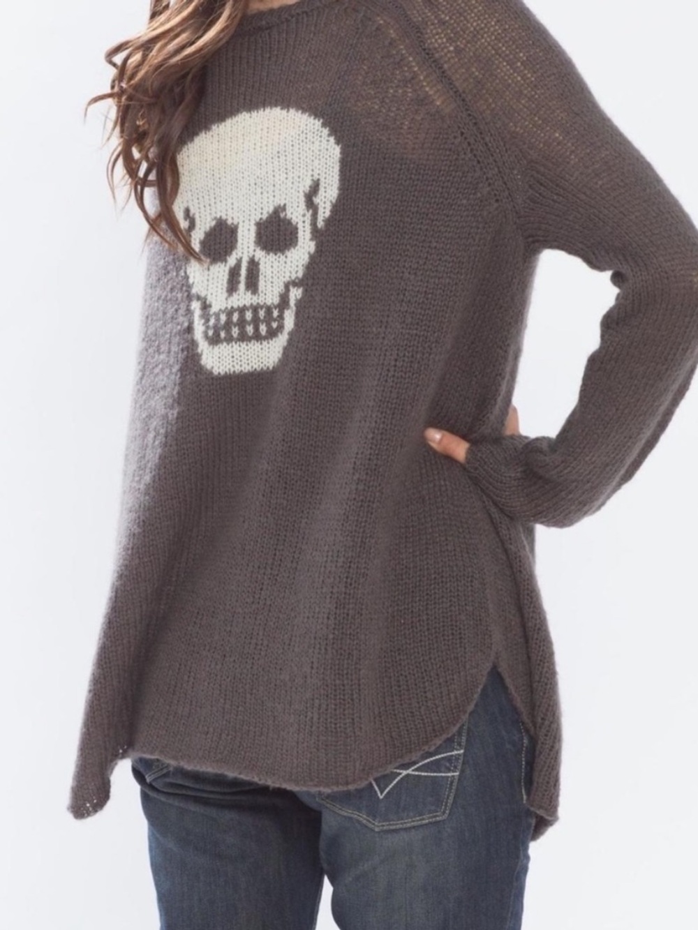 Wooden Ships Crewneck Gray Skull Back Graphic Knit Sweater Size M/L Whimsigoth